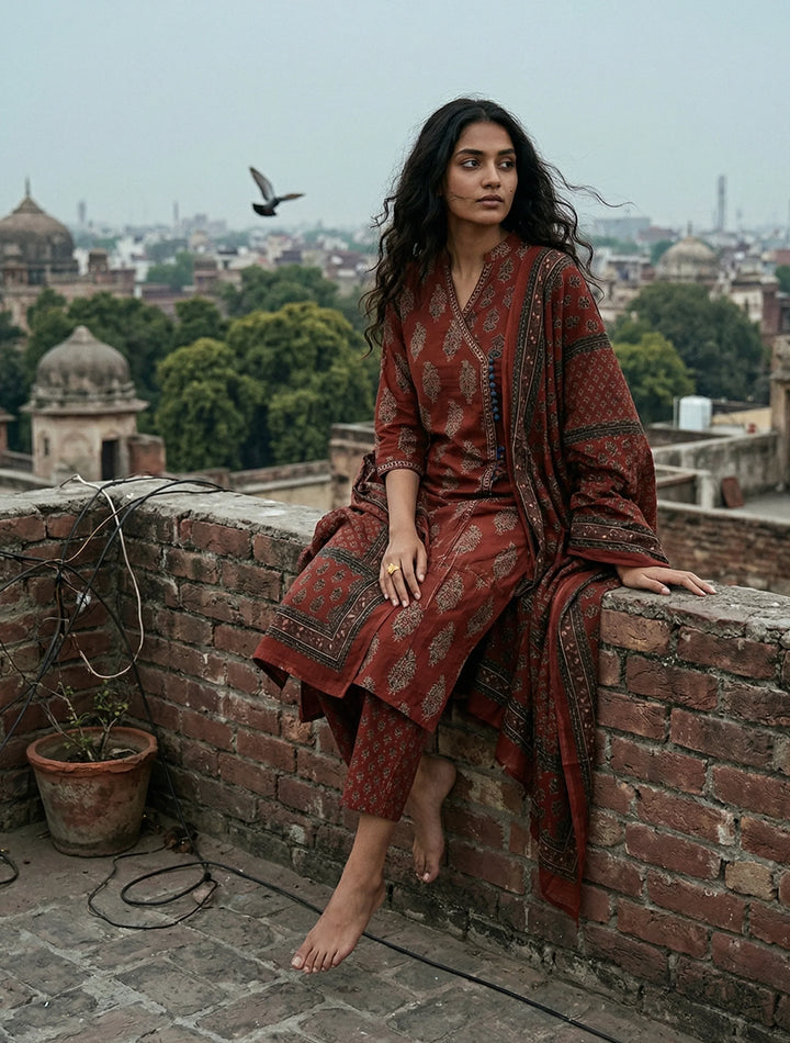 Rust Boota Print Angrakha Kurta Pant Dupatta Set | SHOBITAM