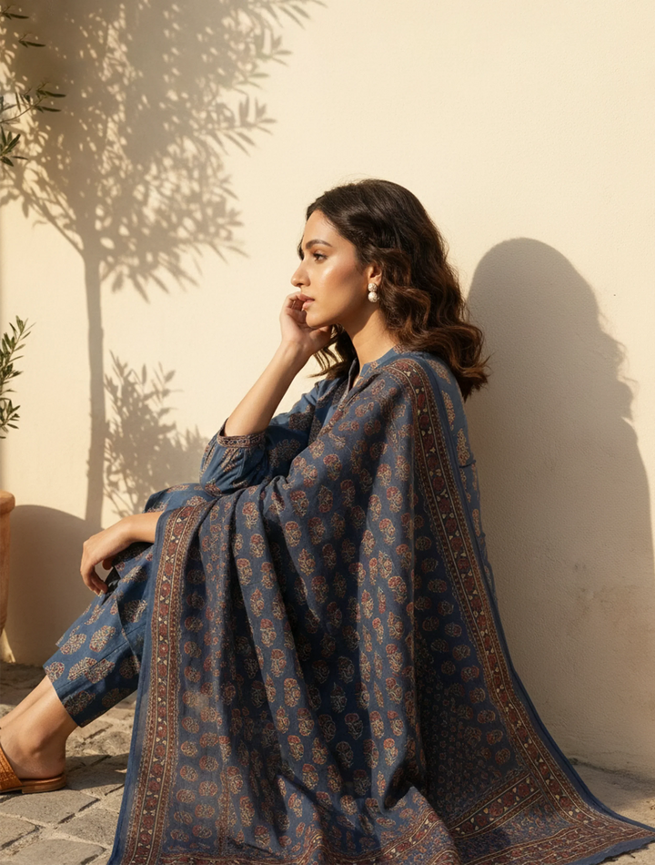 Blue Boota Print Angrakha Kurta Pant Dupatta Set | SHOBITAM
