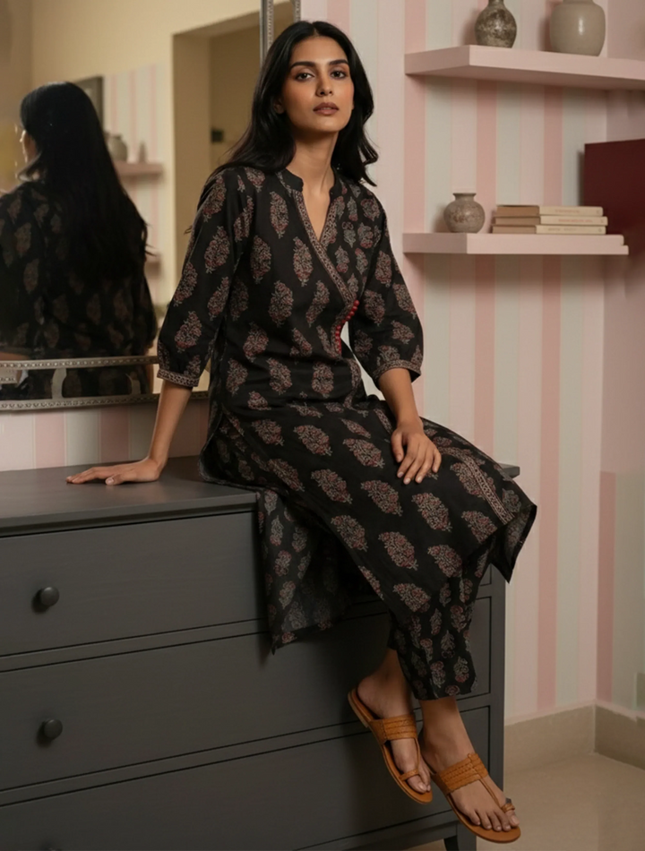 Black Boota Print Angrakha Kurta Pant Dupatta Set | SHOBITAM