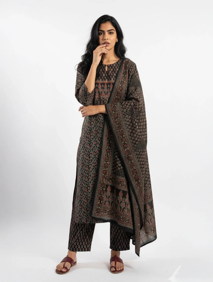 Black Floral Print Straight Kurta Pant Dupatta Set | SHOBITAM
