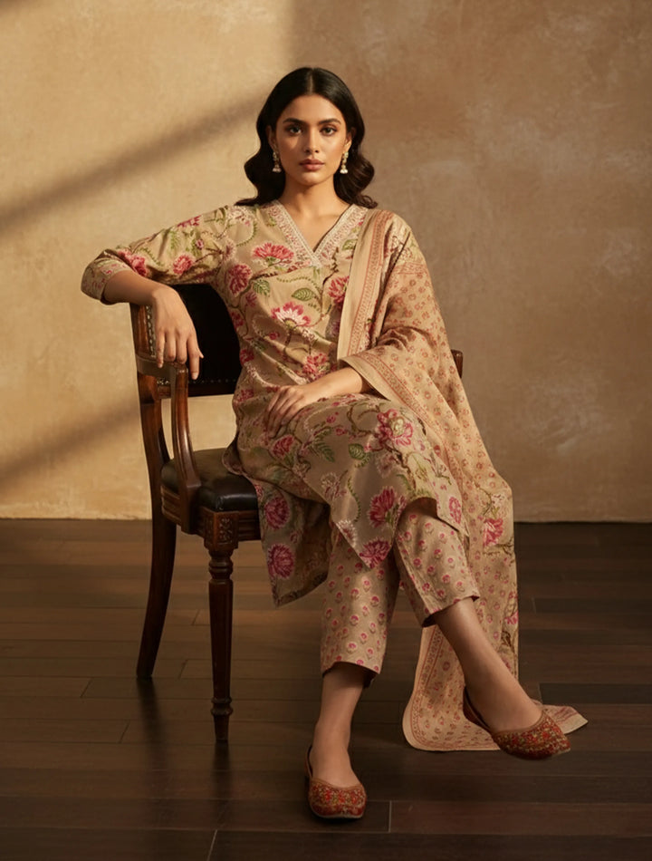 Beige Floral Print Straight Kurta Pant Dupatta Set | SHOBITAM