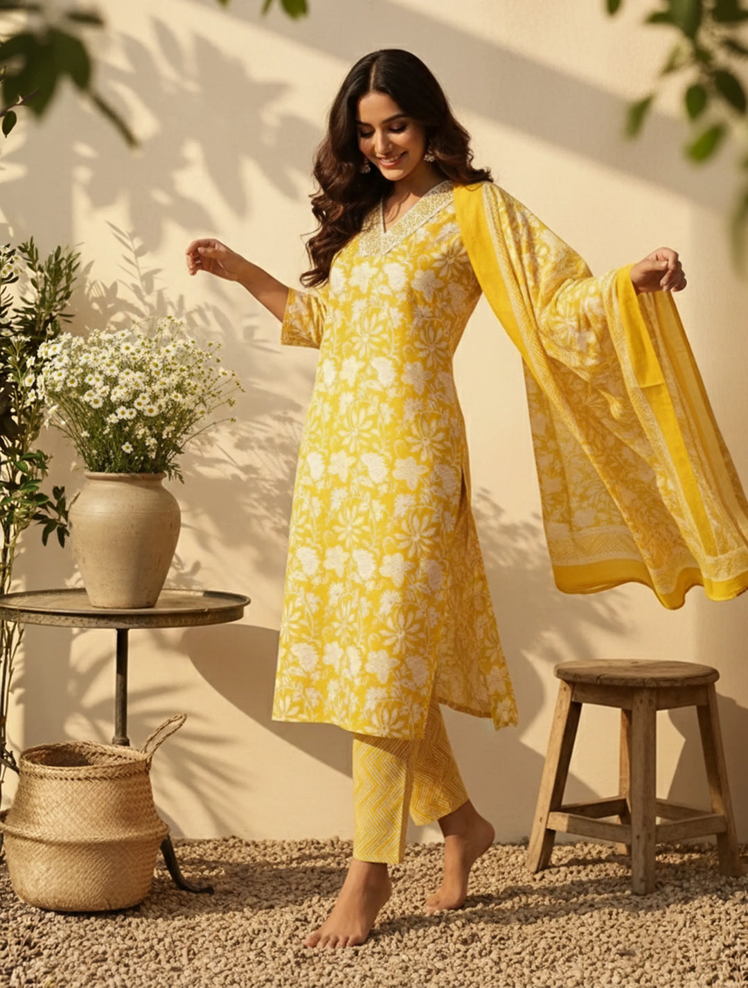 Yellow Floral Print Kurta Pant Dupatta Set | SHOBITAM