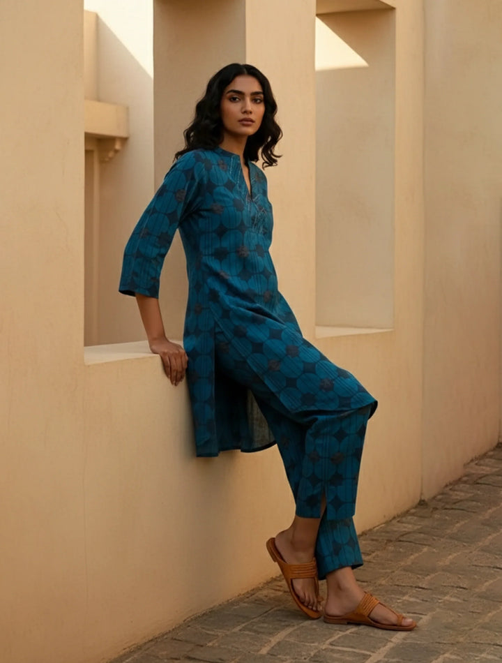 Blue Geometric Print Kurta Pant Set | SHOBITAM