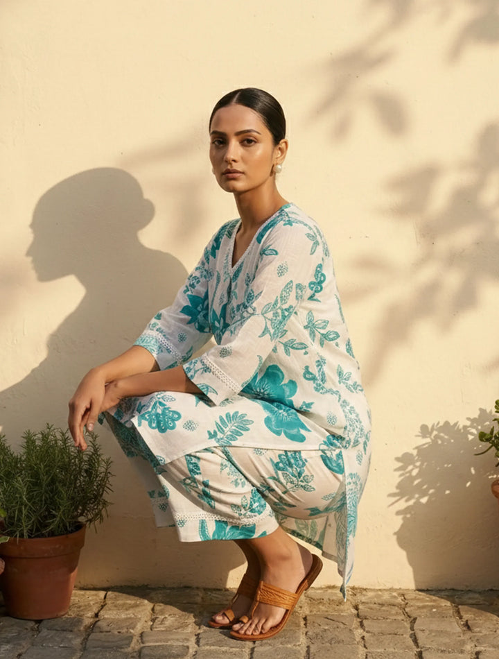 White Blue Floral Print Kurta Pant Set | SHOBITAM