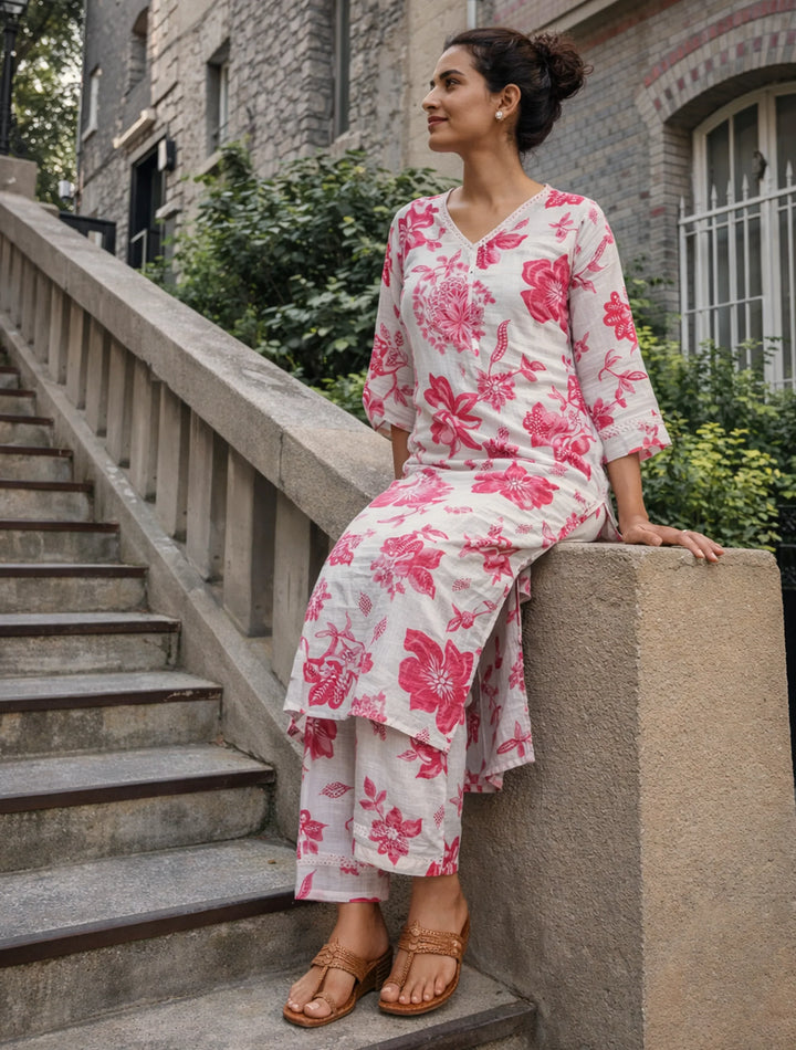 White Pink Floral Print Kurta Pant Set | SHOBITAM