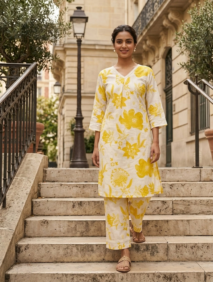 White Yellow Floral Print Kurta Pant Set | SHOBITAM