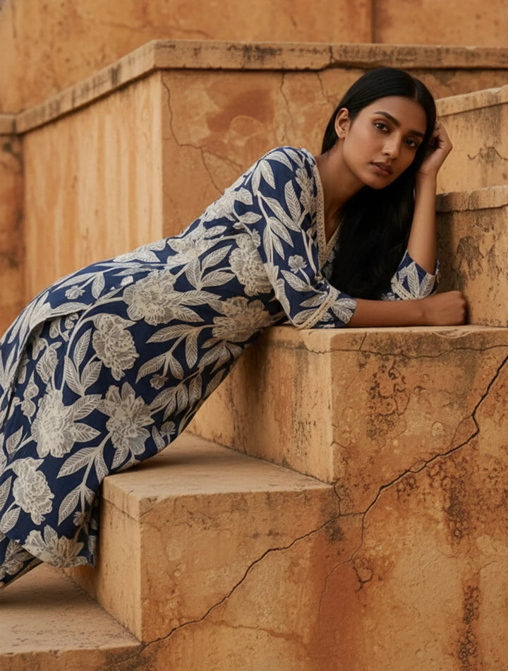 Navy Blue Floral Print Kurta Co-Ord Set | SHOBITAM
