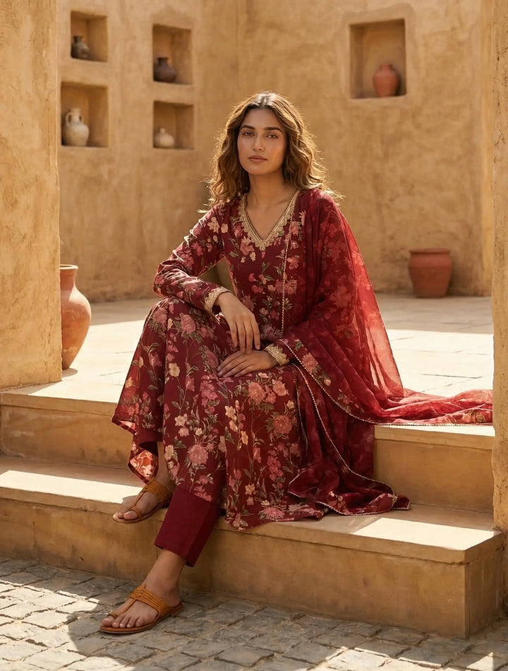Maroon Floral Print V-Neck Anarkali Kurta Pant Dupatta Set | SHOBITAM