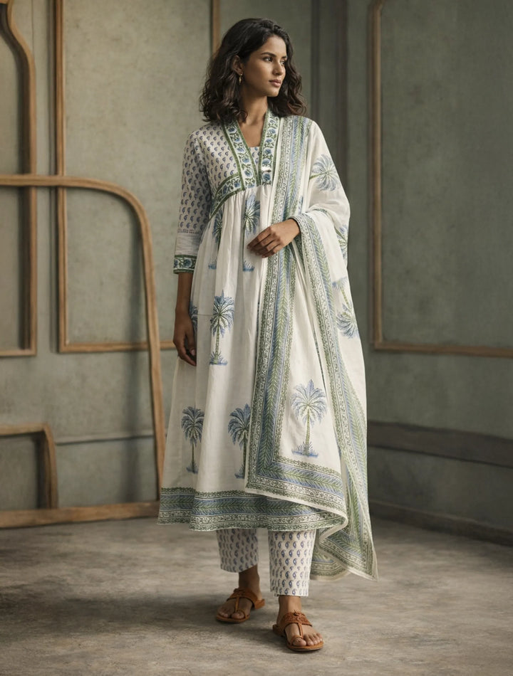 White Blue Printed Anarkali Kurta Pant Dupatta Set | SHOBITAM