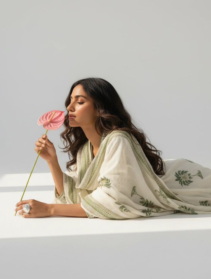 White Green Printed Anarkali Kurta Pant Dupatta Set | SHOBITAM