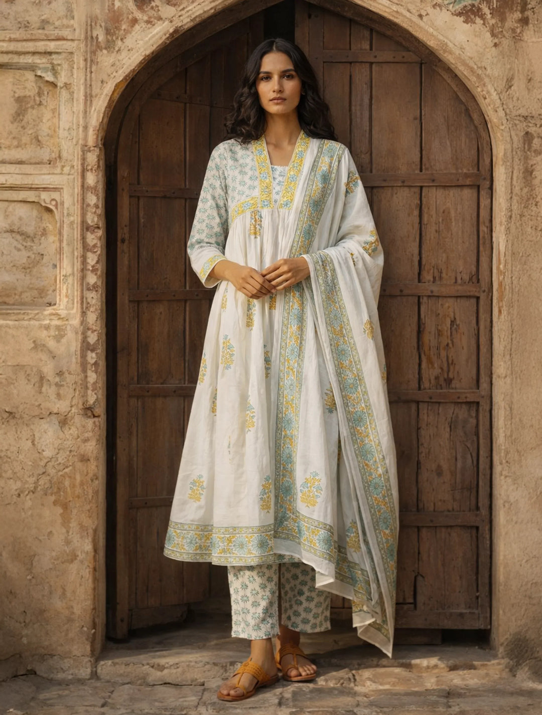 White Yellow Printed Anarkali Kurta Pant Dupatta Set | SHOBITAM