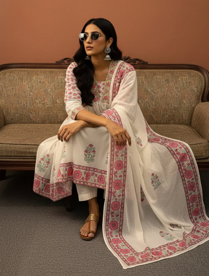 White Pink Boota Print Anarkali Kurta Pant Dupatta Set | SHOBITAM