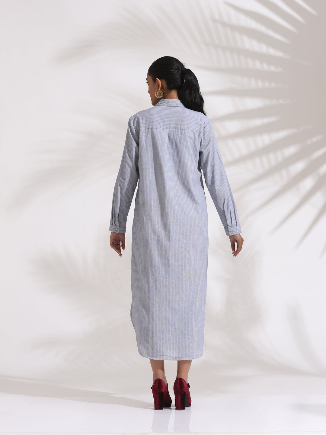 Grey Stripe Cotton Shirt Dress| SHOBITAM
