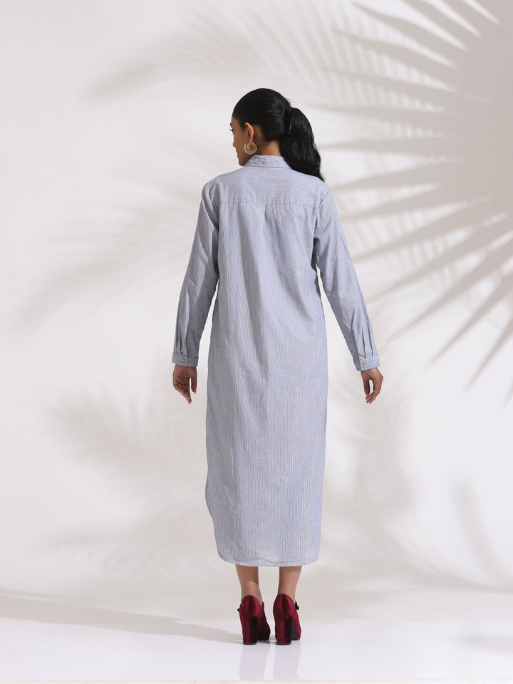 Grey Stripe Cotton Shirt Dress| SHOBITAM