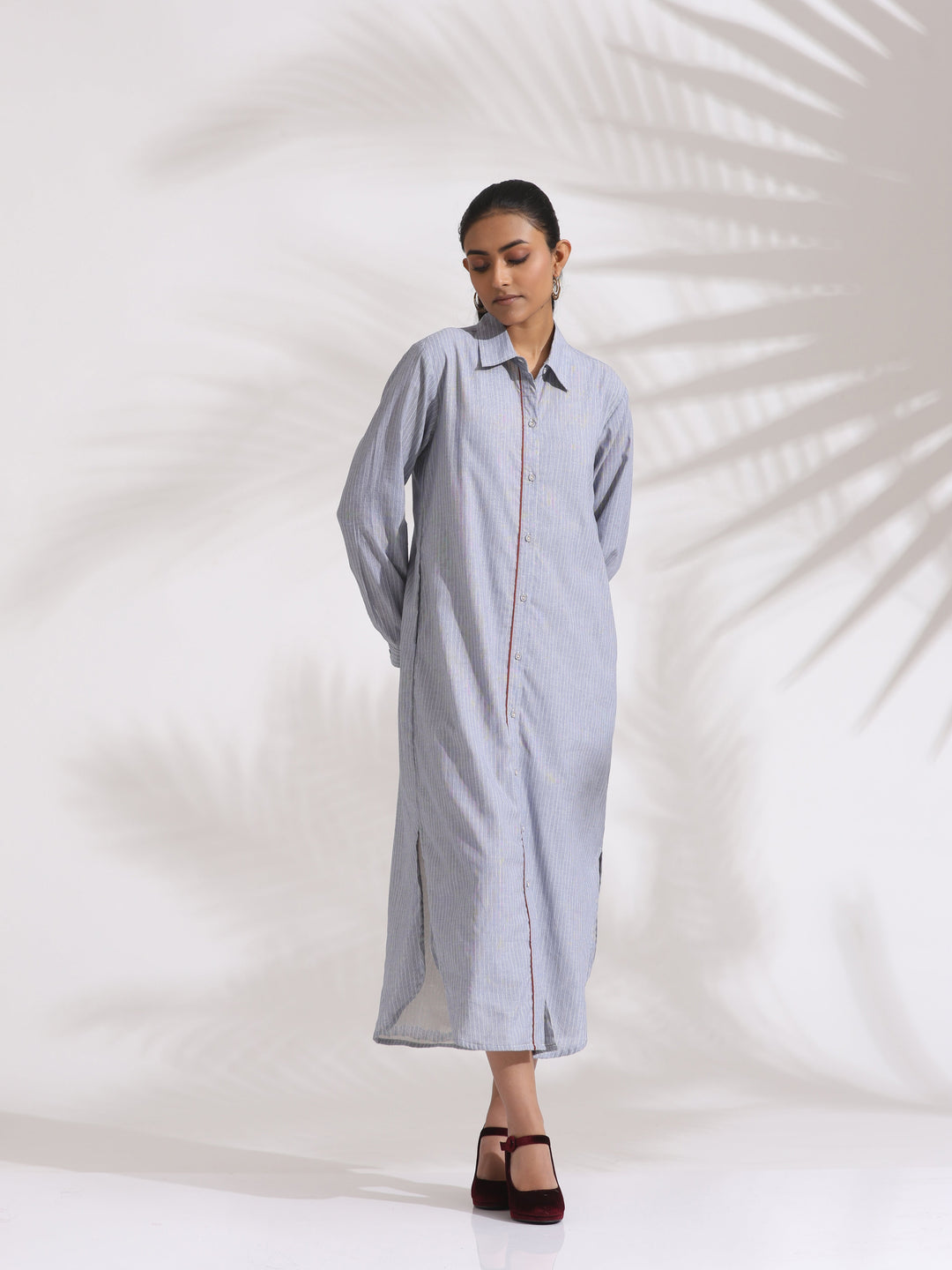 Grey Stripe Cotton Shirt Dress| SHOBITAM