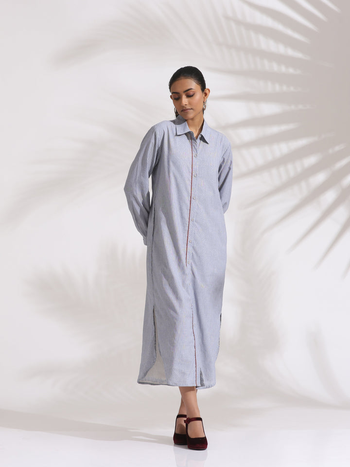 Grey Stripe Cotton Shirt Dress| SHOBITAM