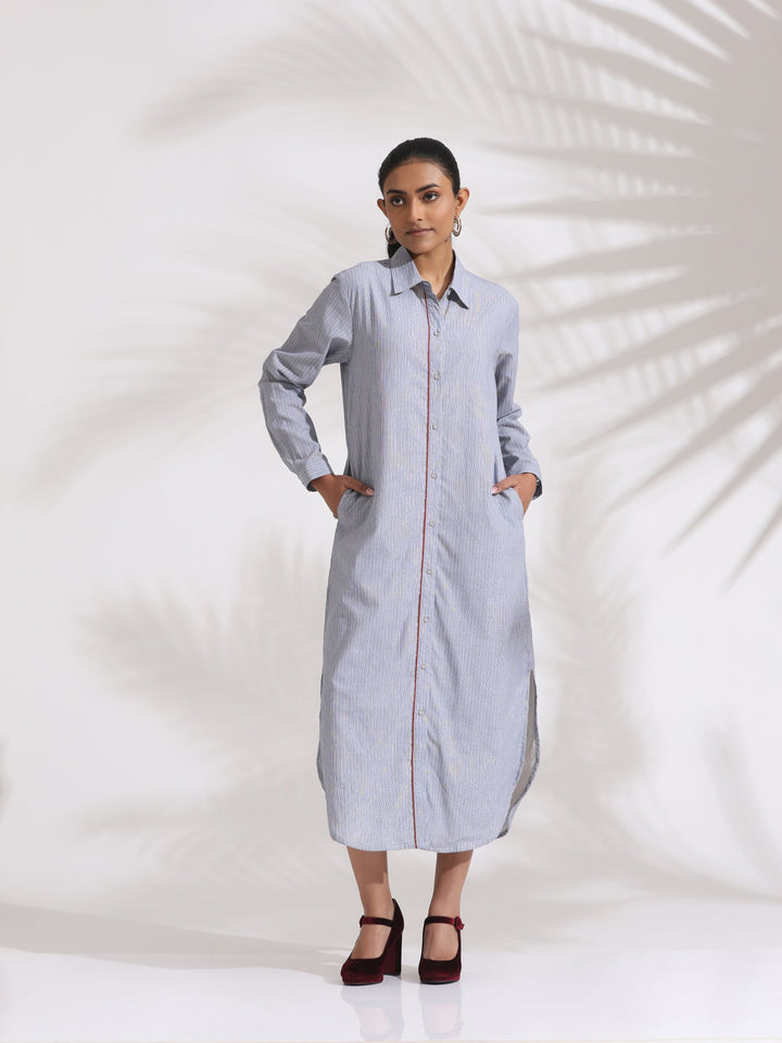 Grey Stripe Cotton Shirt Dress| SHOBITAM