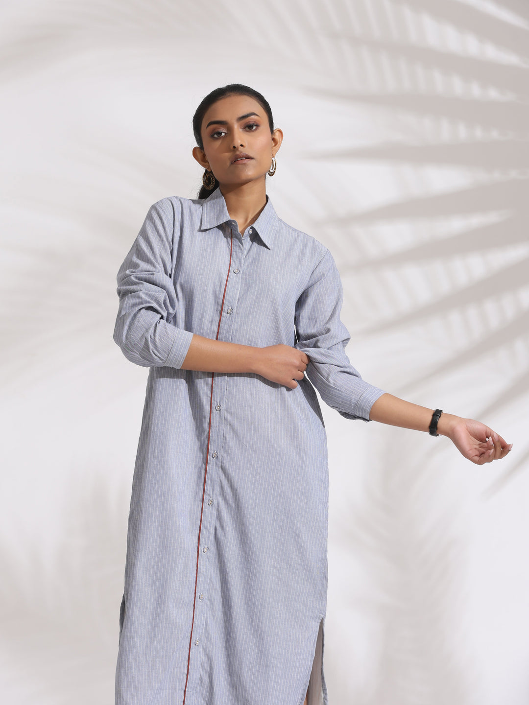 Grey Stripe Cotton Shirt Dress| SHOBITAM