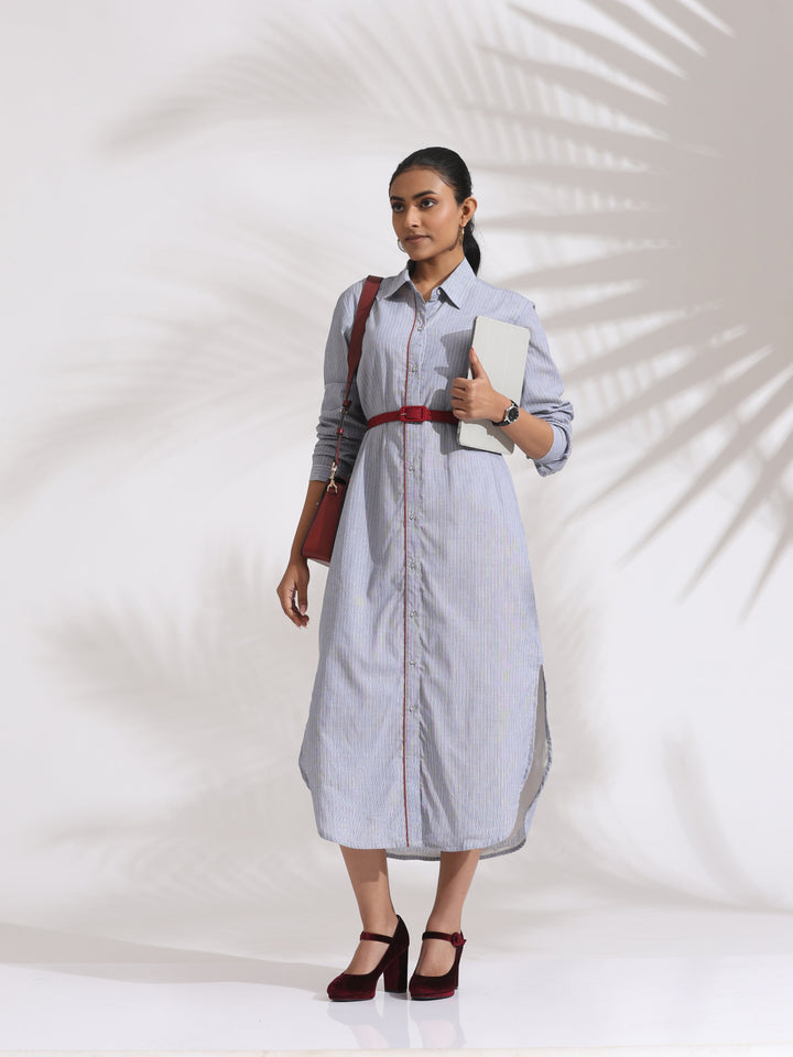 Grey Stripe Cotton Shirt Dress| SHOBITAM