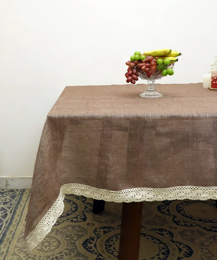 Brown Linen Gauze Solid Table Cloth with lace 60" x 90" | SHOBITAM