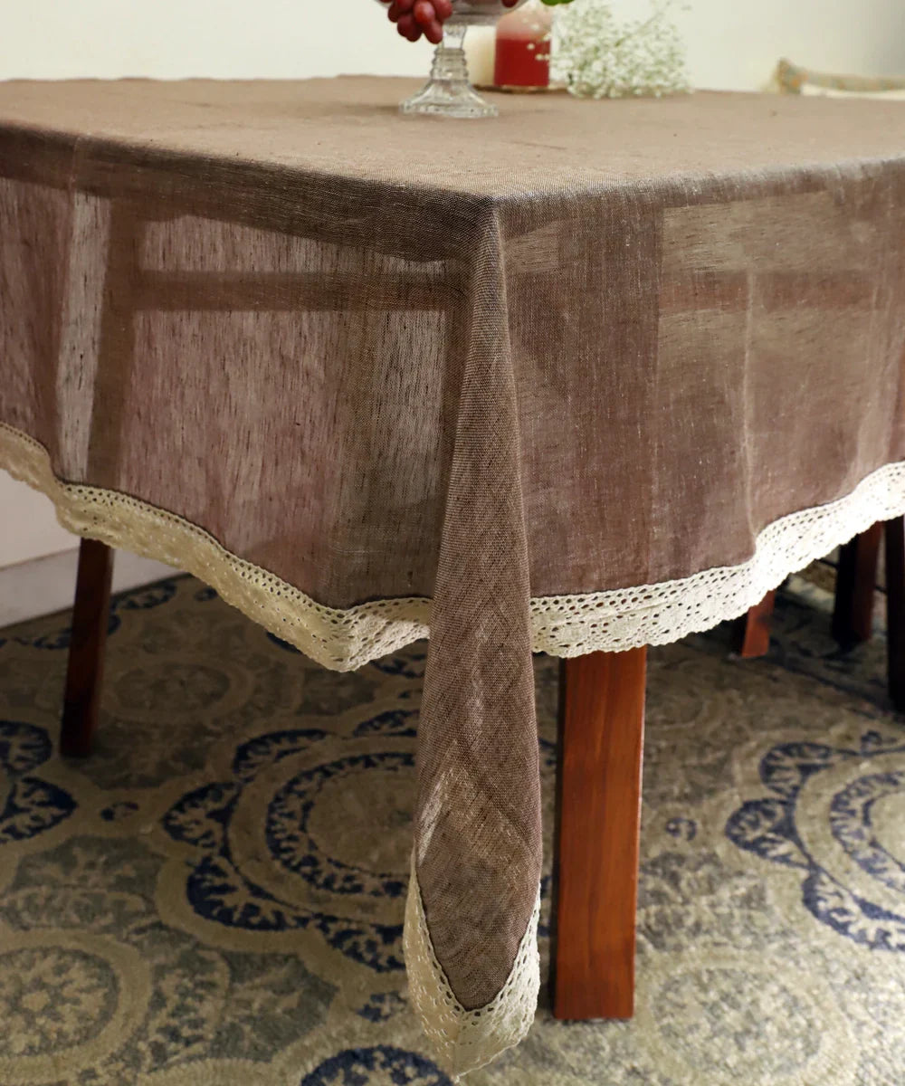 Brown Linen Gauze Solid Table Cloth with lace 60" x 90" | SHOBITAM