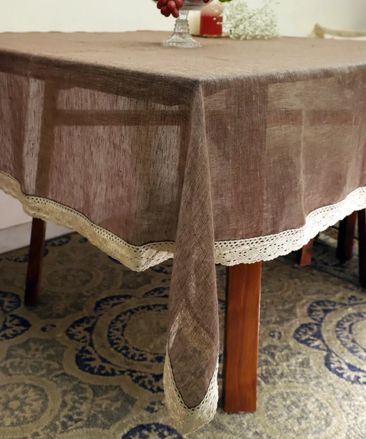 Brown Linen Gauze Solid Table Cloth with lace 60" x 90" | SHOBITAM