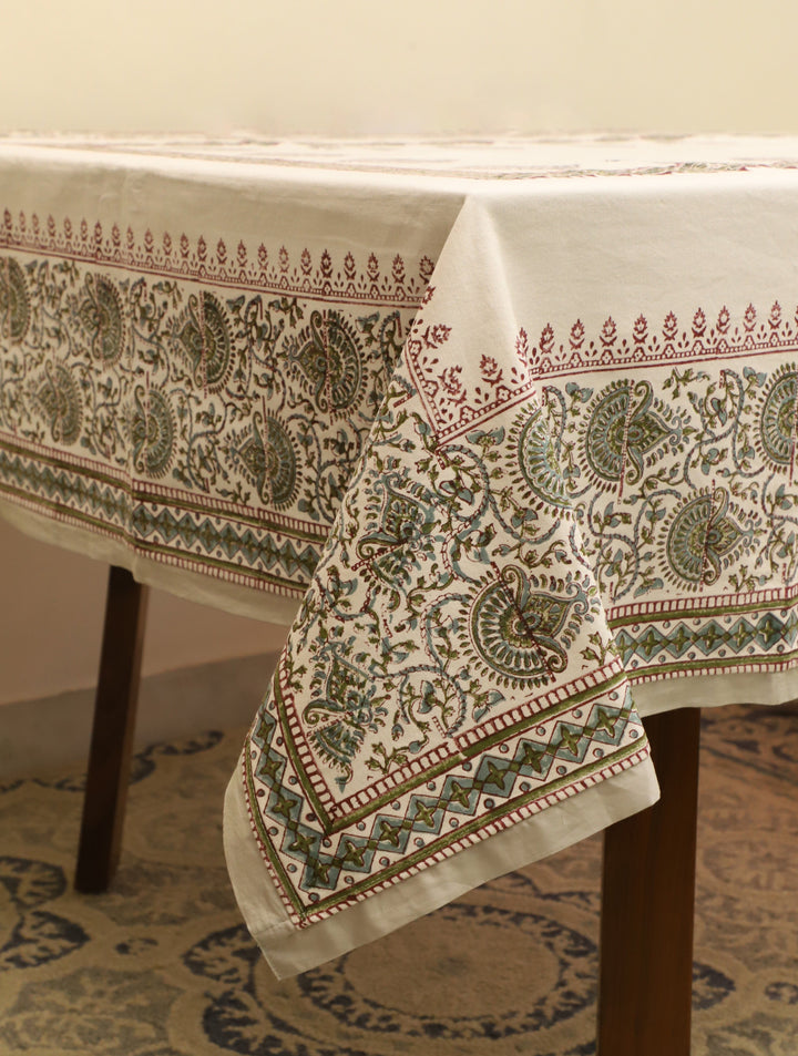 90 x 60 Off white & Maroon Hand Block Printed Cotton Table Cloth