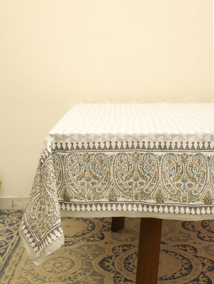 90 x 60 Off white & Turq Hand Block Printed Cotton Table Cloth