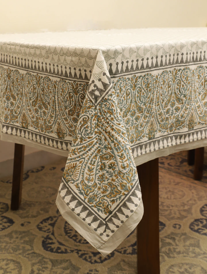 90 x 60 Off white & Turq Hand Block Printed Cotton Table Cloth