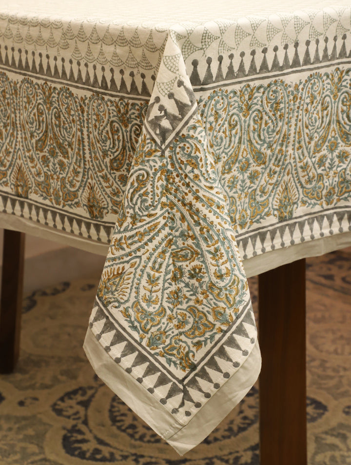 90 x 60 Off white & Turq Hand Block Printed Cotton Table Cloth