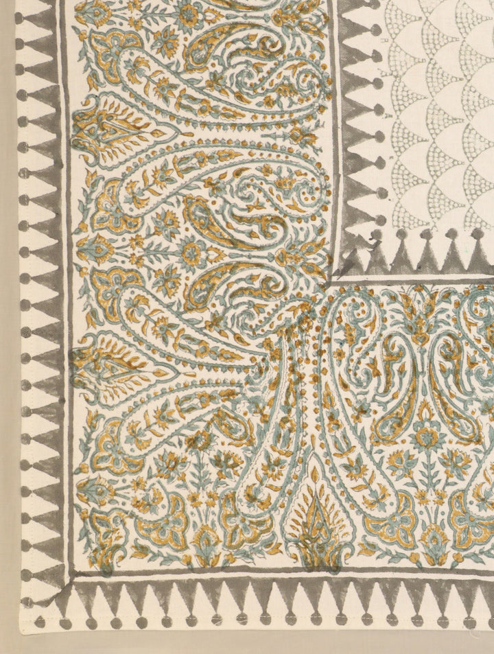 90 x 60 Off white & Turq Hand Block Printed Cotton Table Cloth