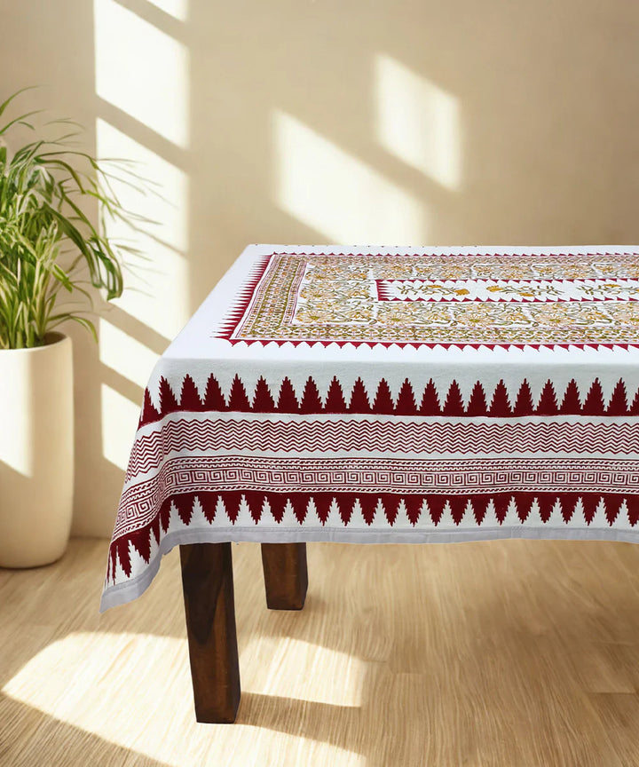 92 X 59  6 Seater Hand Block Printed Maroon, Yellow & Olive Cotton Table Cloth