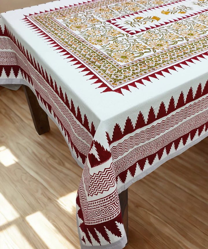 92 X 59  6 Seater Hand Block Printed Maroon, Yellow & Olive Cotton Table Cloth