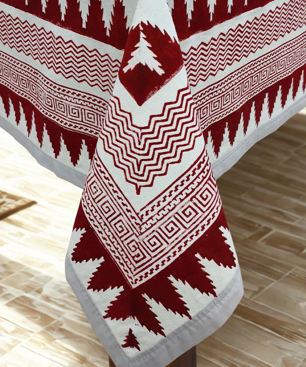 92 X 59  6 Seater Hand Block Printed Maroon, Yellow & Olive Cotton Table Cloth