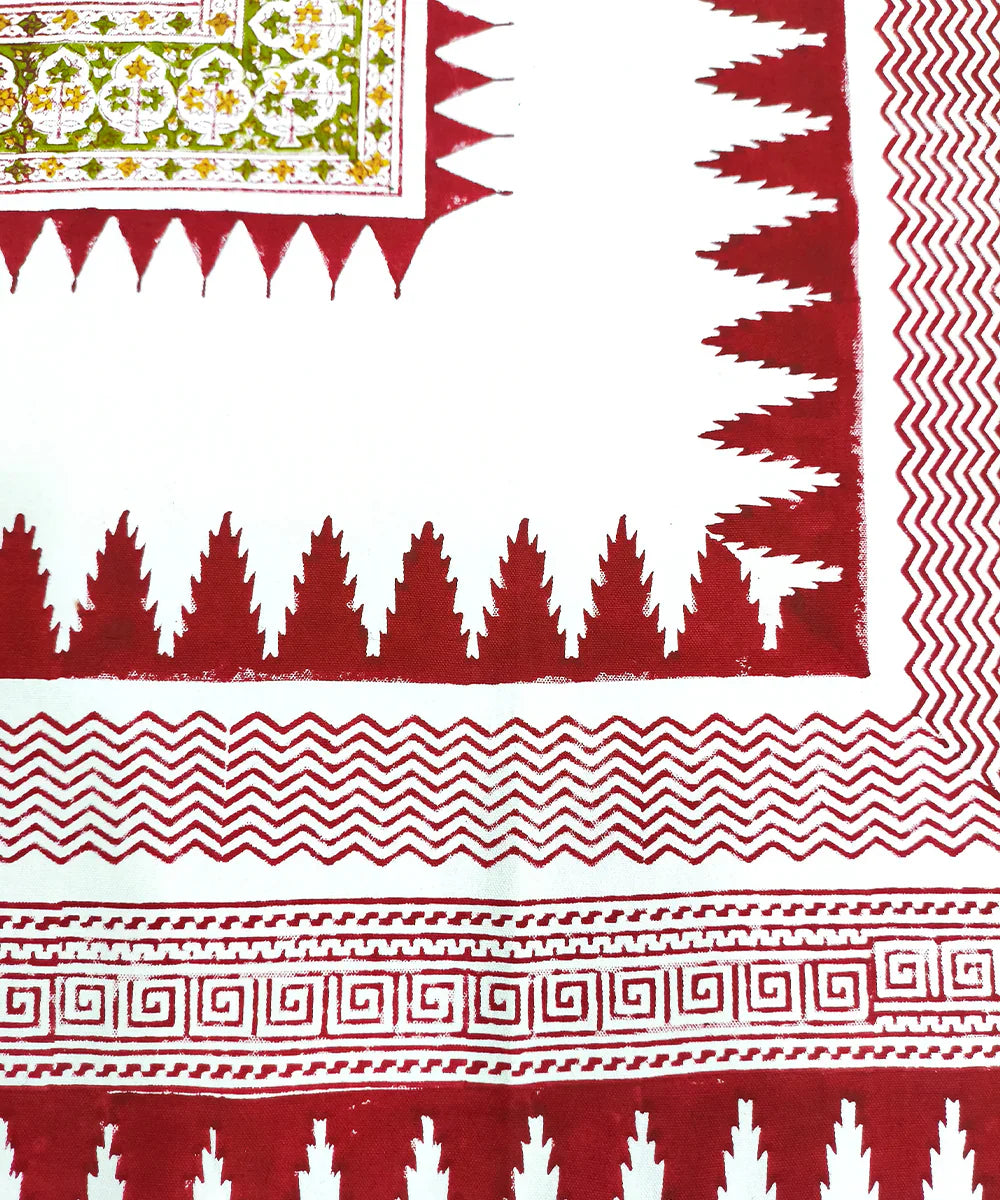 92 X 59  6 Seater Hand Block Printed Maroon, Yellow & Olive Cotton Table Cloth