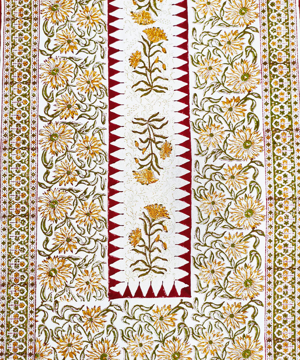 92 X 59  6 Seater Hand Block Printed Maroon, Yellow & Olive Cotton Table Cloth