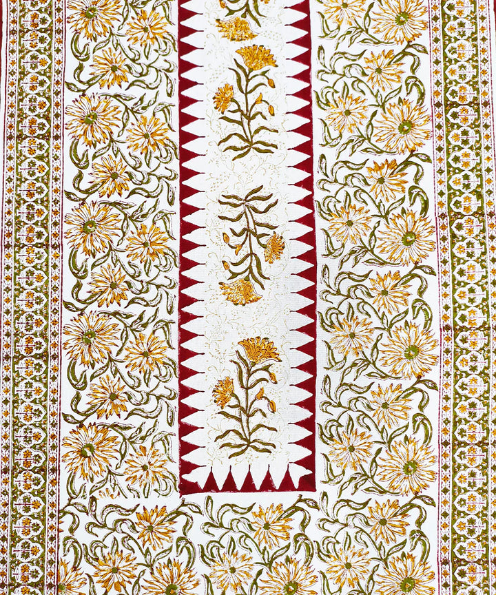 92 X 59  6 Seater Hand Block Printed Maroon, Yellow & Olive Cotton Table Cloth