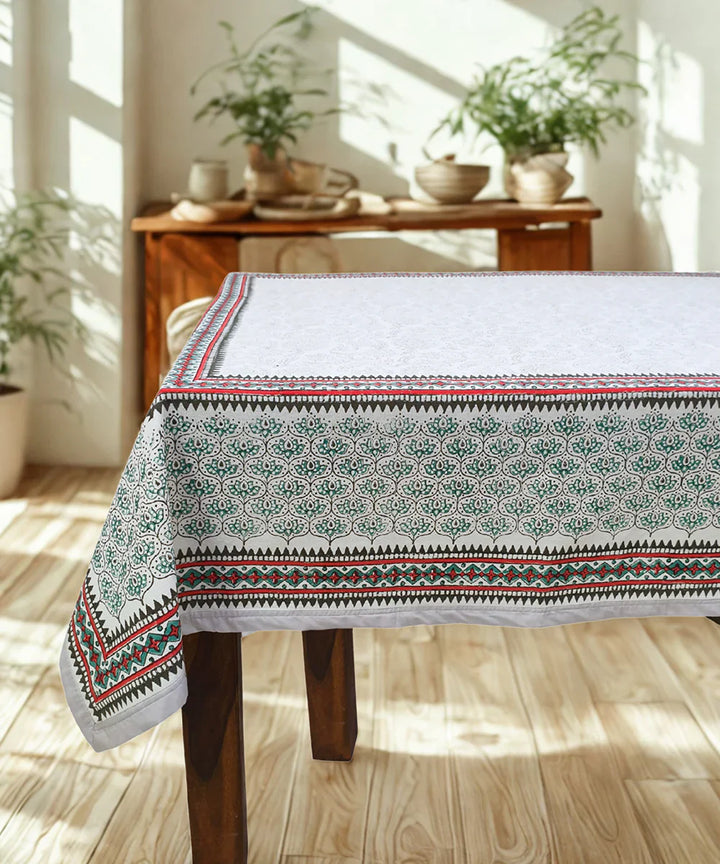 92" X 60" 6 Seater Hand Block Printed Off white, Grey & Pink Cotton Table Cloth