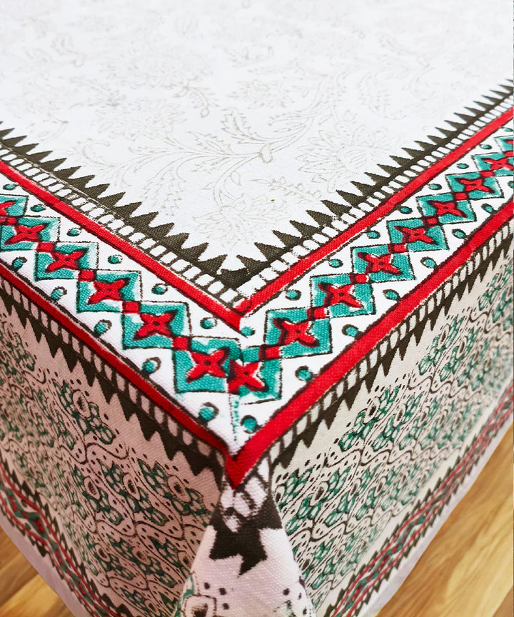92" X 60" 6 Seater Hand Block Printed Off white, Grey & Pink Cotton Table Cloth