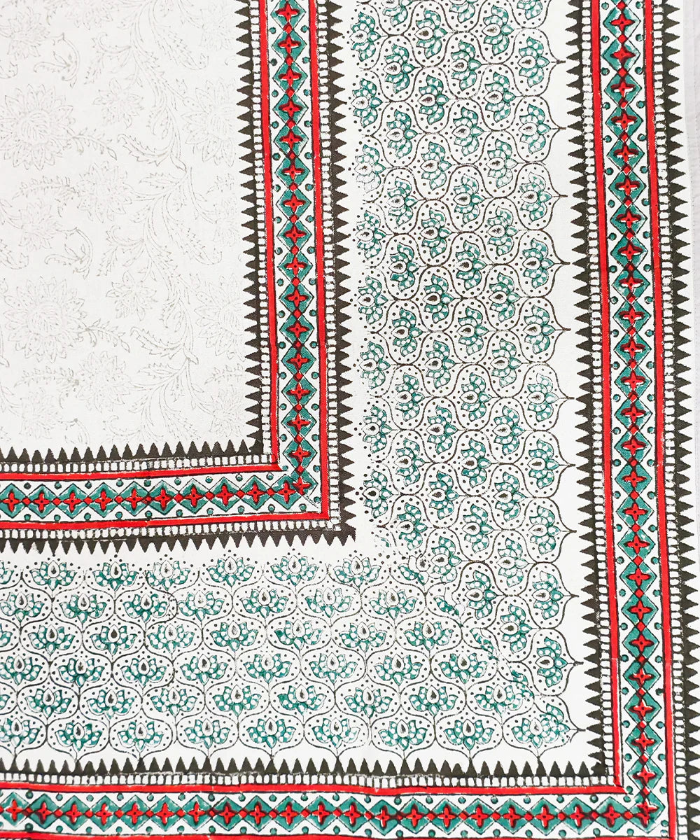 92" X 60" 6 Seater Hand Block Printed Off white, Grey & Pink Cotton Table Cloth