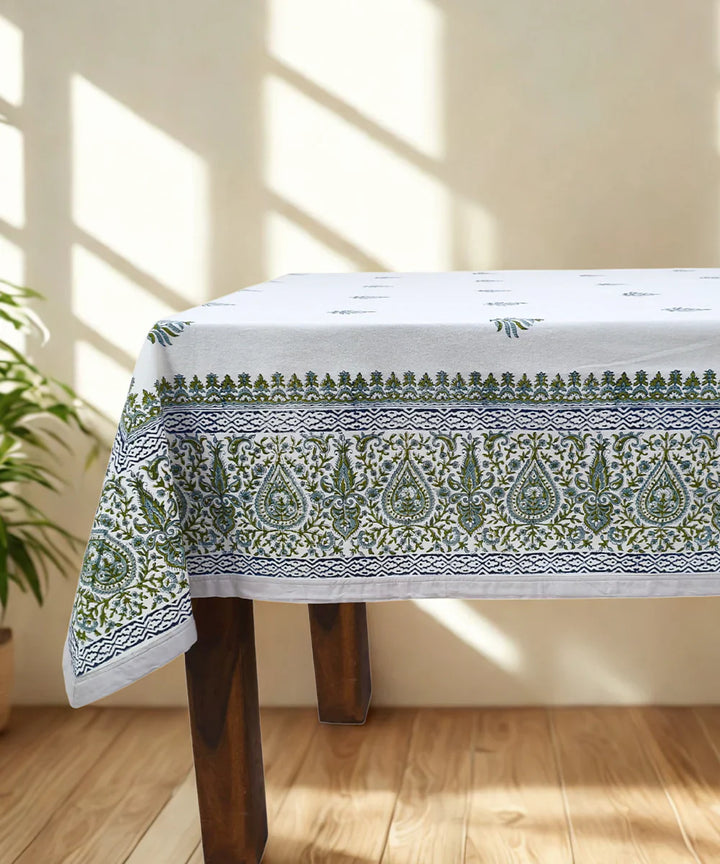 92" X 59"  6 Seater Hand Block Printed Off white, Blue & Green Cotton Table Cloth