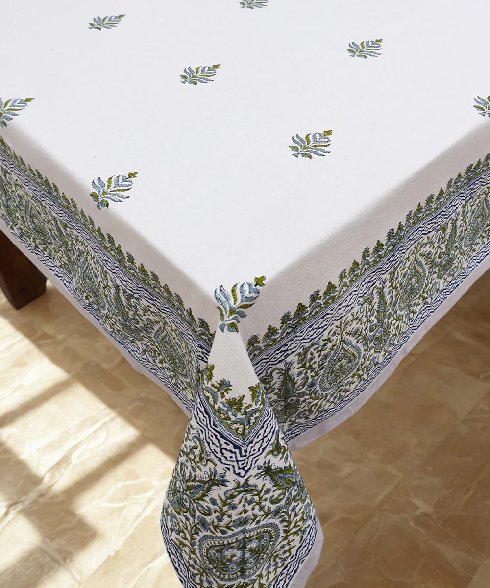 92" X 59"  6 Seater Hand Block Printed Off white, Blue & Green Cotton Table Cloth