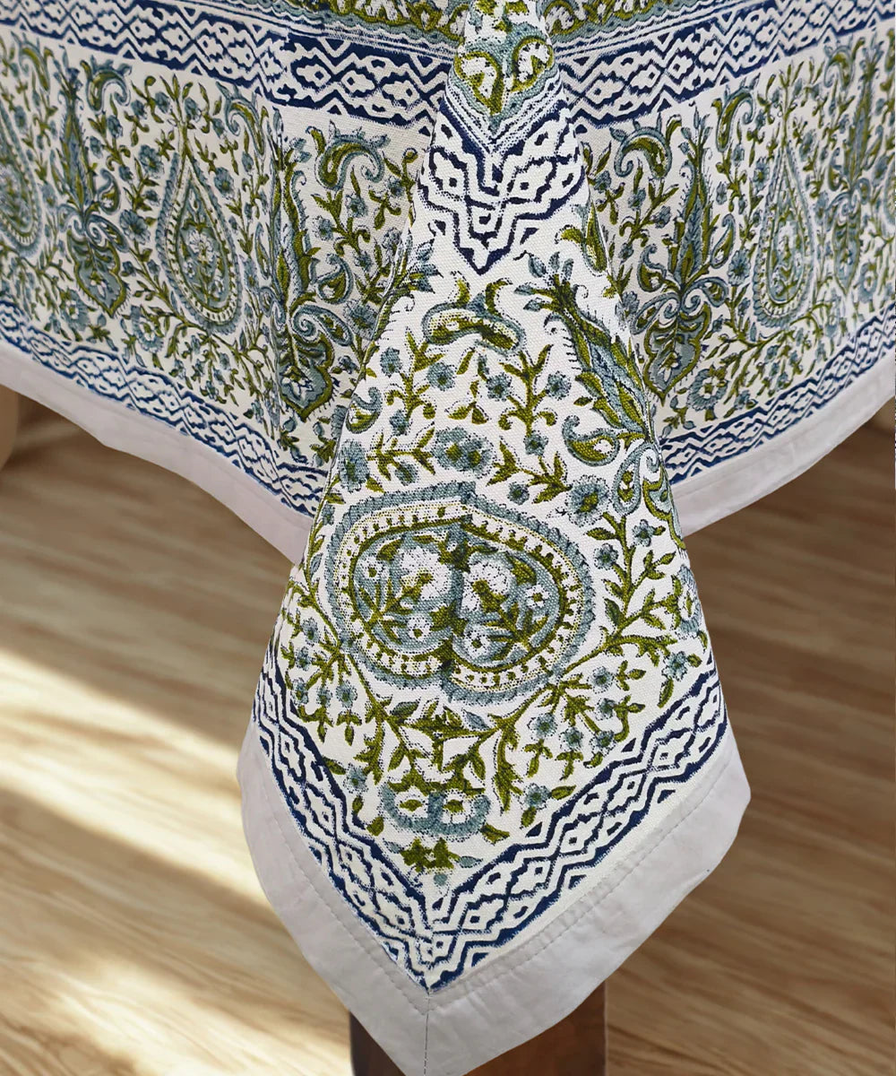 92" X 59"  6 Seater Hand Block Printed Off white, Blue & Green Cotton Table Cloth