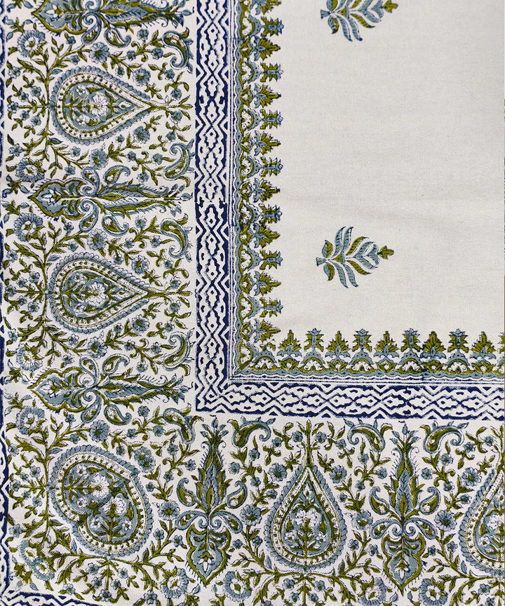 92" X 59"  6 Seater Hand Block Printed Off white, Blue & Green Cotton Table Cloth