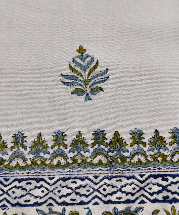 92" X 59"  6 Seater Hand Block Printed Off white, Blue & Green Cotton Table Cloth