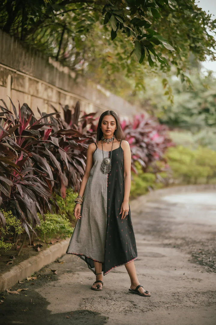 Charcoal Black and Grey Cotton Dress | SHOBITAM