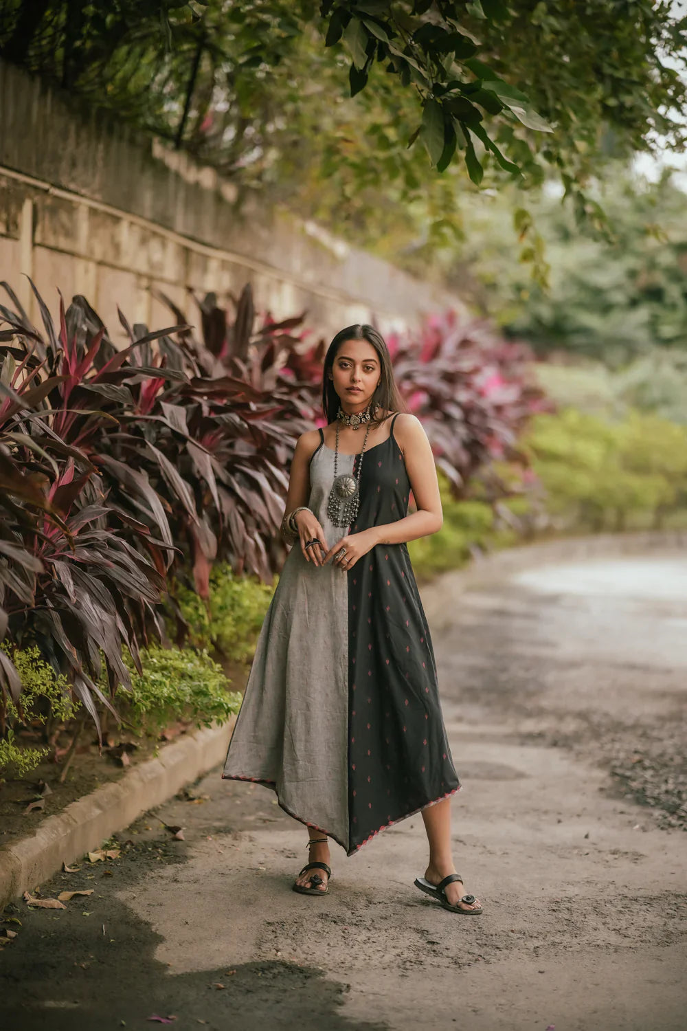 Charcoal Black and Grey Cotton Dress | SHOBITAM