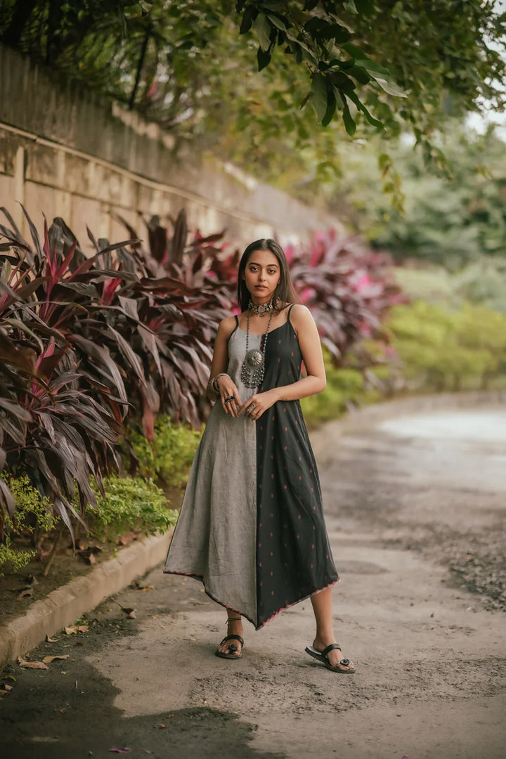 Charcoal Black and Grey Cotton Dress | SHOBITAM