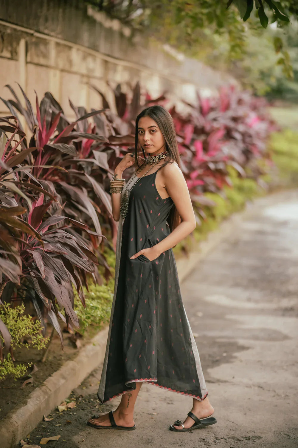 Charcoal Black and Grey Cotton Dress | SHOBITAM