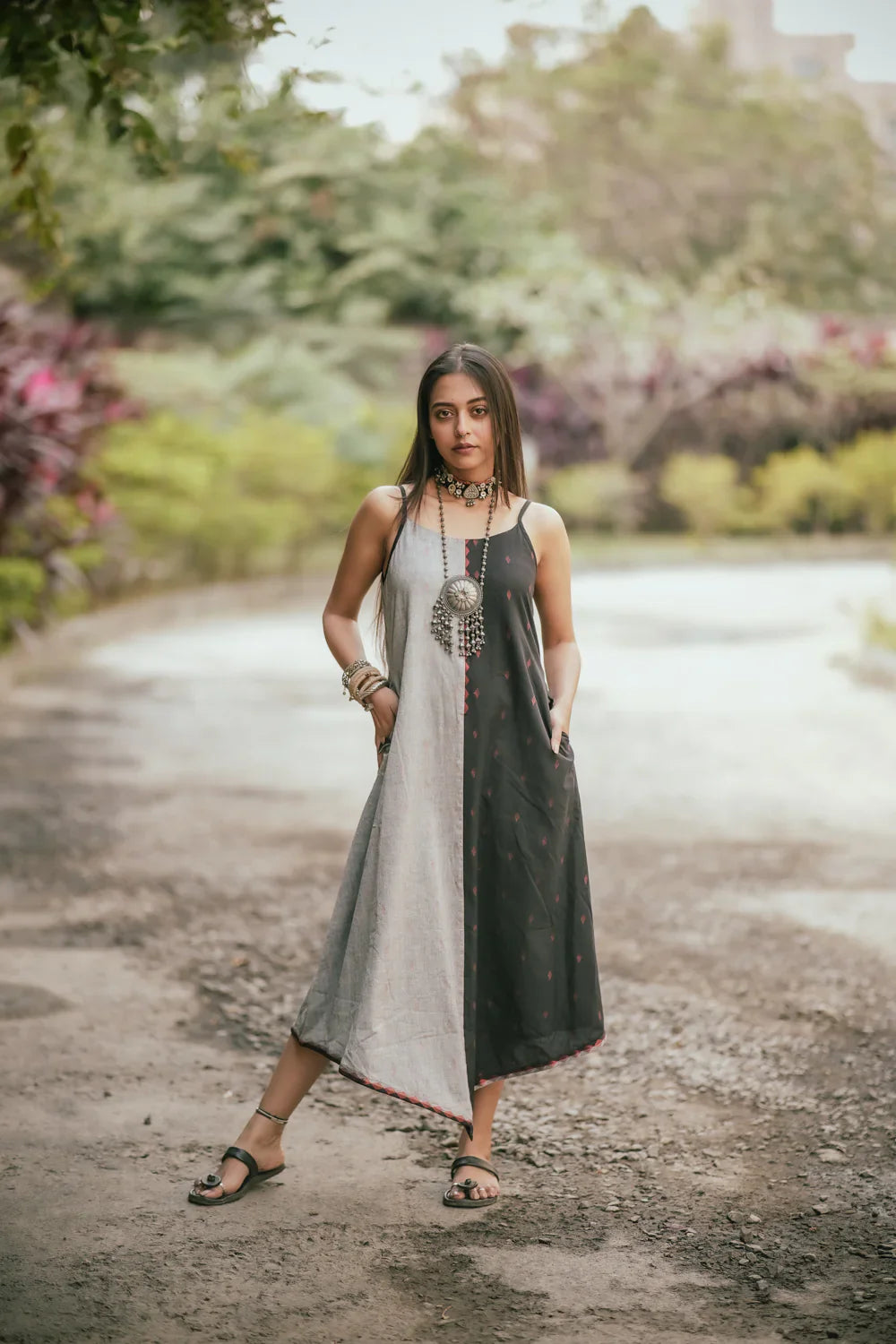 Charcoal Black and Grey Cotton Dress | SHOBITAM